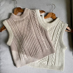 Hand-Knitted Merino Wool Vest, Chunky Cable Knit Crop Sweater, Handmade Wool Vest
