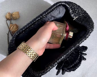 Handmade Raffia Clutch, Crochet Purse with Rose, Handcrafted Elegant Evening Bag