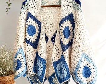 Handmade Crochet Granny Square Cardigan, Boho Cotton Kimono Jacket, Knit Oversized Cardigan with Tassels