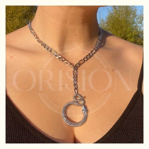 Ouroboros Snake Serpent Silver Steel Figaro Drop Pendant Chain Necklace