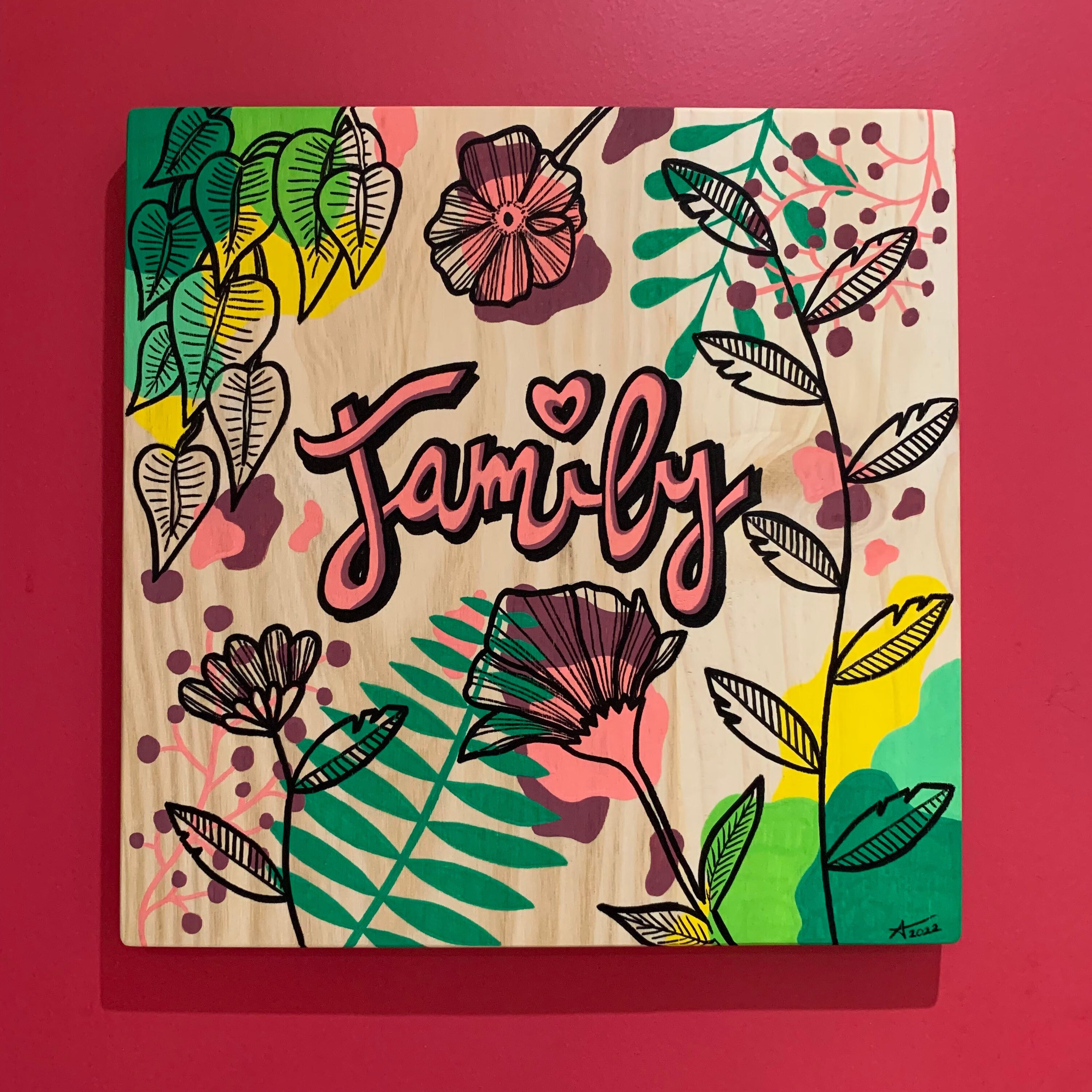 Tableau - Peinture sur Bois Décoration Murale Illustration Florale Œuvre d'art Family