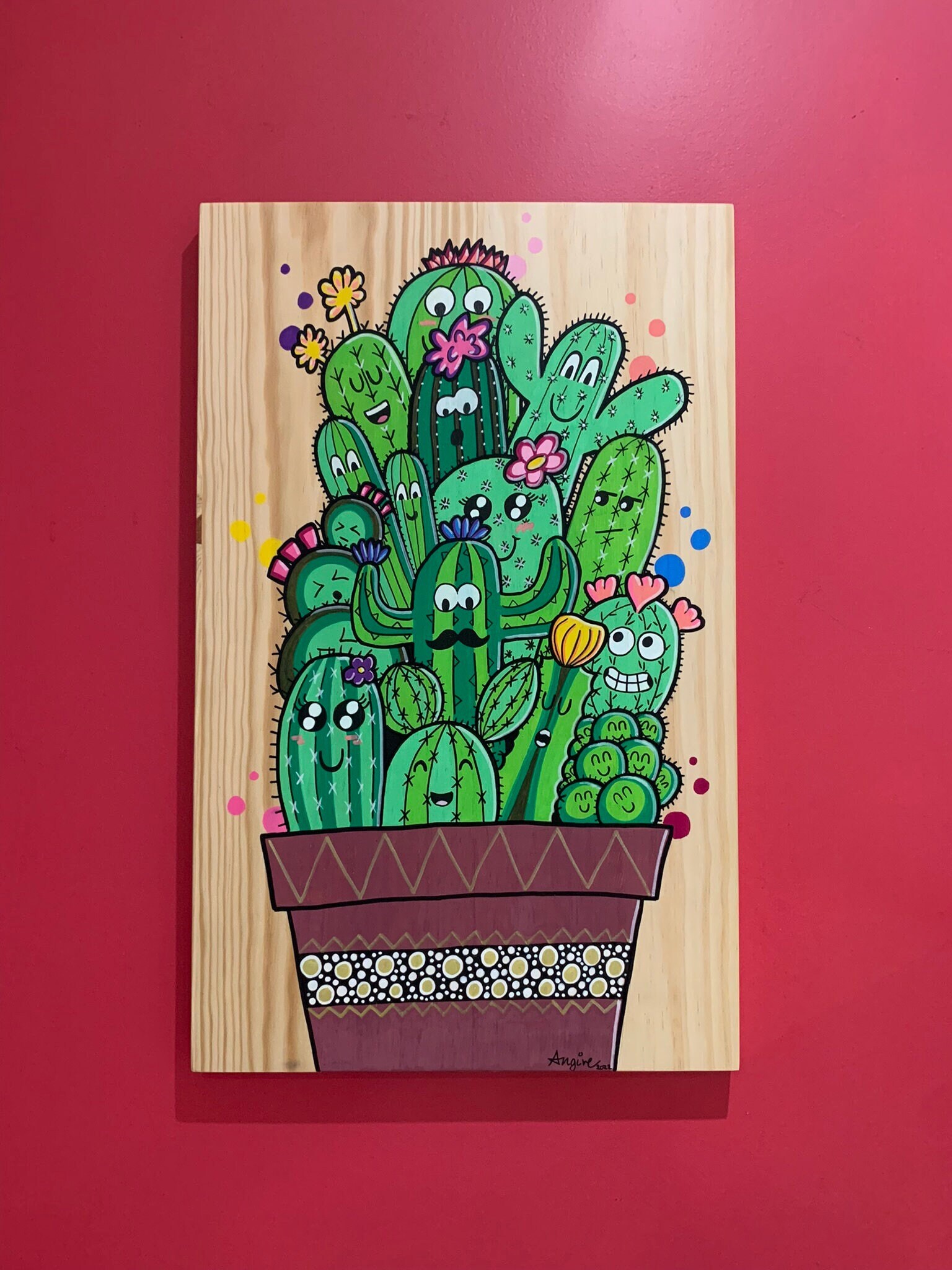 Tableau - Peinture sur Bois Décoration Murale Illustration Œuvre d'art Cactus