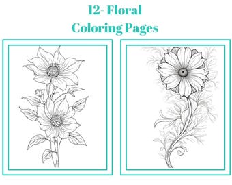 Druckbare Blumen Malseite | 12-kompliziertes Blumenmuster | Digitaler Download | Entspannendes Ausmalbild für Erwachsene | Sofort-PDF