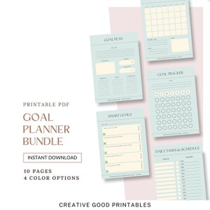 May include: Printable goal planner bundle with 10 pages and 4 color options. The bundle includes a goal plan, smart goals, goal tracker, and daily tasks and schedule pages. The pages are light blue with white text and lines.