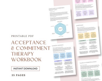 Può includere: Quaderno di lavoro di Terapia di Accettazione e Impegno (ACT) stampabile con 35 pagine. La copertina presenta uno sfondo rosa chiaro con una casella di testo bianca che dice "Printable PDF Acceptance & Commitment Therapy Workbook Instant Download 35 Pages" e una casella di testo blu chiaro che dice "Creative Good Printables".