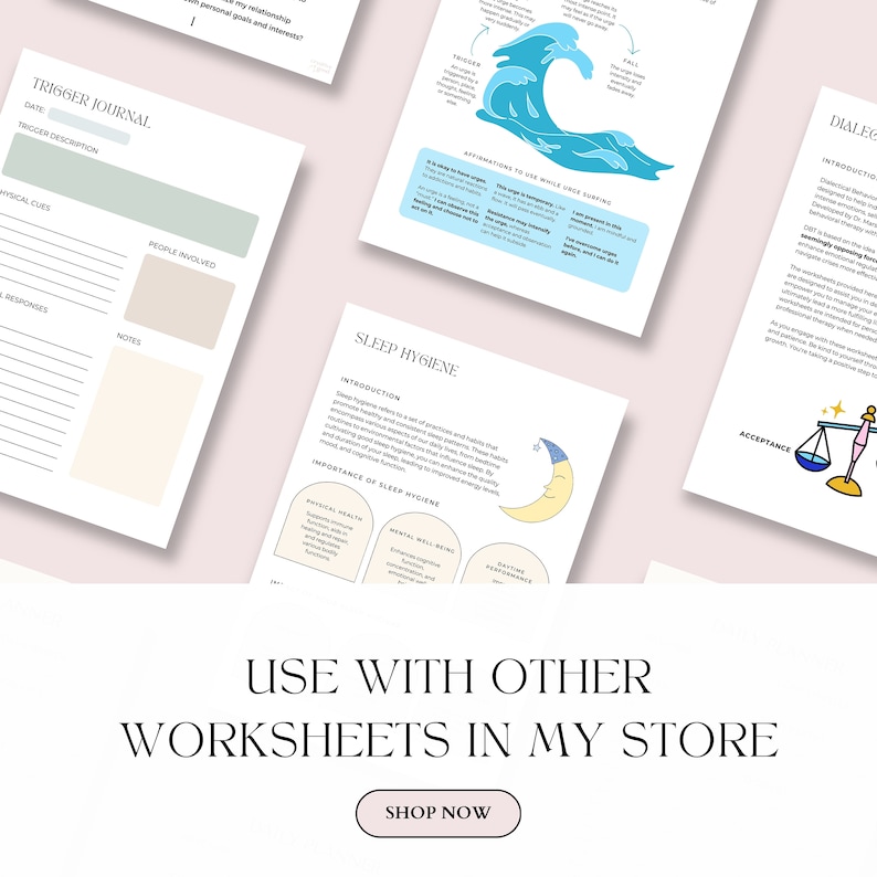 May include: A set of printable worksheets for self-help and personal growth. The worksheets include topics such as trigger journal, sleep hygiene, and dialectical behavior therapy. The worksheets are designed to help individuals manage their emotions, improve their sleep habits, and develop healthy coping mechanisms.