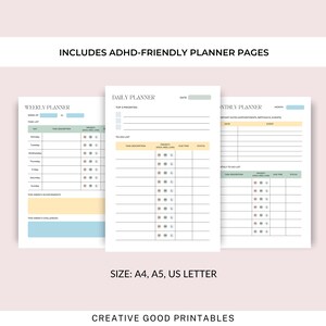 May include: Three printable planner pages: weekly, daily, and monthly. The pages are white with light blue and yellow accents. Text includes "Includes ADHD-Friendly Planner Pages", "Daily Planner", "Weekly Planner", and "Monthly Planner". The size is A4, A5, US Letter.