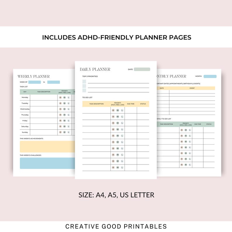May include: Three printable planner pages: weekly, daily, and monthly. The pages are white with light blue and yellow accents. Text includes "Includes ADHD-Friendly Planner Pages", "Daily Planner", "Weekly Planner", and "Monthly Planner". The size is A4, A5, US Letter.