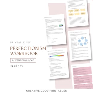 May include: A printable PDF workbook titled "Perfectionism Workbook" with a pink background and brown text. The workbook is available for instant download and contains 21 pages. The image also shows a few pages from the workbook, including a section on the "Perfectionism Spectrum" and a "Cycle of Perfectionism" diagram.