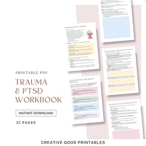 Può includere: Quaderno di lavoro PDF stampabile con il titolo "Trauma & PTSD Workbook" in testo marrone su sfondo rosa. Il quaderno di lavoro contiene 22 pagine ed è un download istantaneo. La copertina presenta un collage di pagine del quaderno di lavoro, tra cui sezioni sulla comprensione del trauma, le risposte al trauma e le abilità di sicurezza e messa a terra.