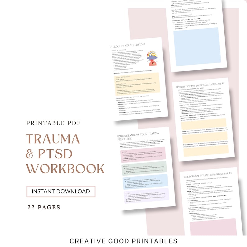 May include: Printable PDF workbook with the title "Trauma & PTSD Workbook" in brown text on a pink background. The workbook has 22 pages and is an instant download. The cover features a collage of pages from the workbook, including sections on understanding trauma, trauma responses, and safety and grounding skills.
