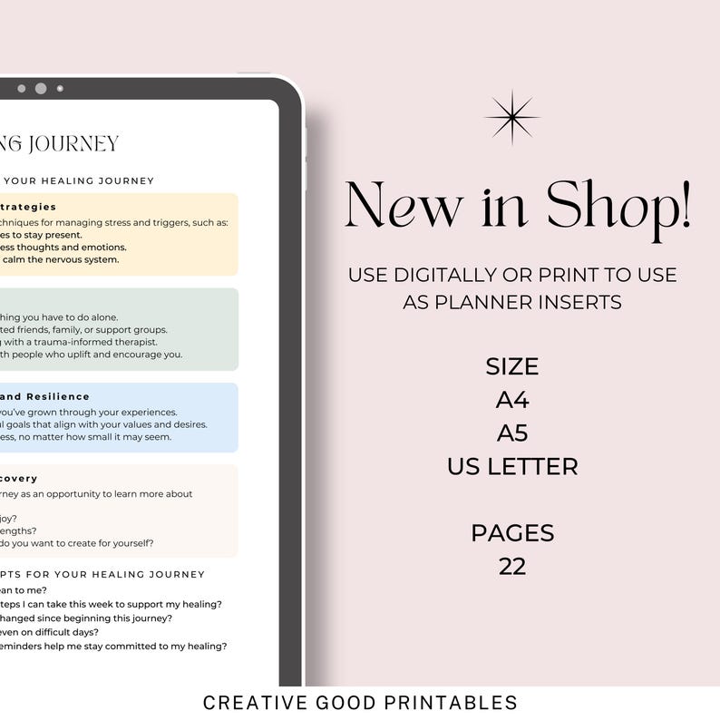 May include: A digital printable planner insert for a healing journey. The printable is available in A4, A5, and US Letter sizes and has 22 pages. The text on the page reads "Your Healing Journey" and includes sections for strategies, resilience, and discovery.