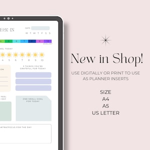 May include: Printable planner insert with a daily check-in section, a mood tracker, a gratitude log, a goal setting section, and a space for a mantra or focus for the day. The insert is available in A4, A5, and US Letter sizes.