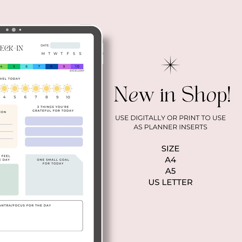 May include: Printable planner insert with a daily check-in section, a mood tracker, a gratitude log, a goal setting section, and a space for a mantra or focus for the day. The insert is available in A4, A5, and US Letter sizes.