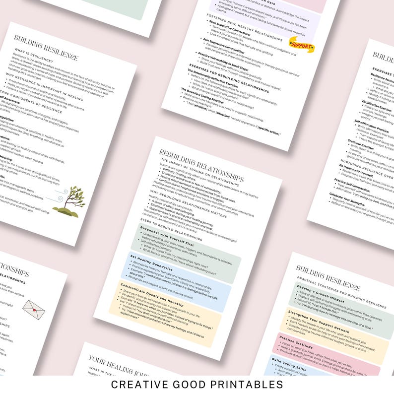 May include: A set of printable worksheets with tips and advice on building resilience and rebuilding relationships. The worksheets feature a variety of colors and illustrations, including a tree, a letter, and a butterfly.