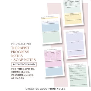 May include: Printable PDF therapist progress notes and SOAP notes. The image shows several pages with pastel color blocks and text fields. The text includes "Instant Download" and "For Therapists, Counselors, Psychologists". The product is designed for professional use.