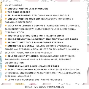 May include: A white paper with a list of topics related to ADHD, including diagnosis, self-assessment, brain functions, daily challenges, routines, and planner pages. The text is in black, with a yellow star icon next to each topic. The words "Creative Good Printables" are at the bottom.