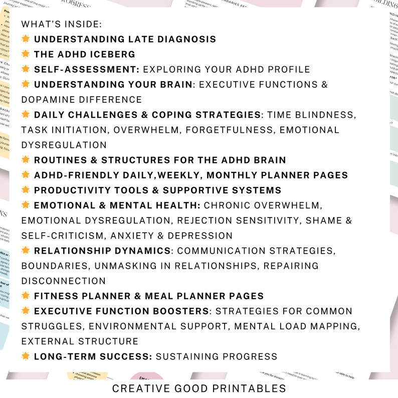 May include: A white paper with a list of topics related to ADHD, including diagnosis, self-assessment, brain functions, daily challenges, routines, and planner pages. The text is in black, with a yellow star icon next to each topic. The words "Creative Good Printables" are at the bottom.