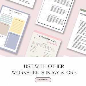May include: A set of printable worksheets for self-reflection and personal growth. The worksheets include a daily check-in, a daily mood tracker, and a relationship worksheet. The worksheets are designed to help people set healthy boundaries, improve communication, and manage their emotions.