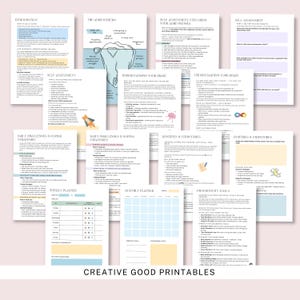 May include: A collection of printable worksheets with text and illustrations. The pages cover topics like self-assessment, daily challenges, routines, and productivity tools. The text "CREATIVE GOOD PRINTABLES" is at the bottom.