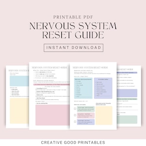 May include: A printable PDF titled "Nervous System Reset Guide" with the words "Instant Download." The guide features pages with checklists and prompts for self-assessment and stress management. The color scheme includes pastel shades of blue, yellow, and pink.