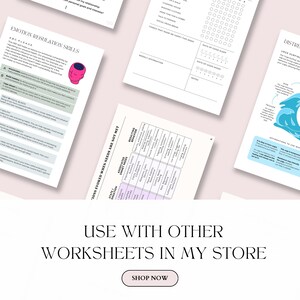May include: A set of printable worksheets for emotional regulation skills. The worksheets feature a blue and white wave design, a chart with a list of emotions and behaviors, and a section titled "Emotions Regulation Skills".