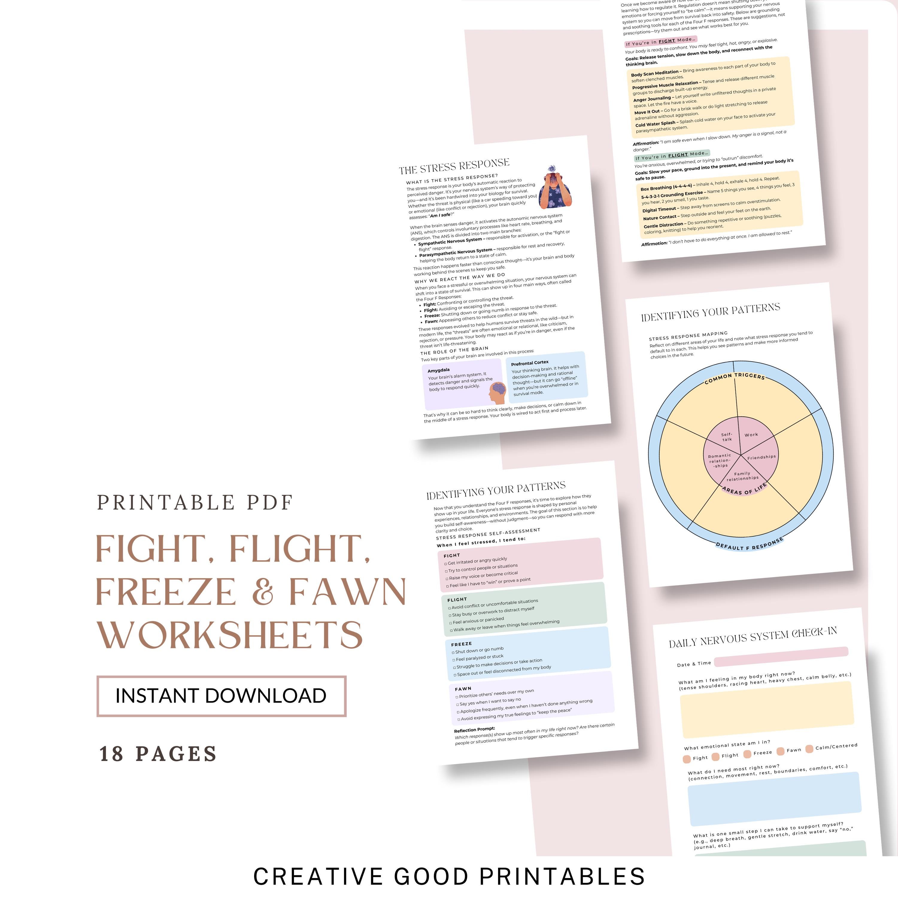 Fight Flight Freeze Fawn Trauma Response Worksheets, PTSD Workbook, Stress Response, Complex Trauma, Trauma Processing, Inner Child Healing