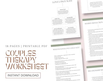 May include: A printable PDF worksheet for couples therapy with the title "Couples Therapy Worksheet" and the text "18 Pages | Printable PDF" and "Instant Download". The worksheet includes a section on "Love Languages" with five different categories: Physical Touch, Quality Time, Receiving Gifts, Acts of Service, and Words of Affirmation. There is also a section on "What is Your Love Language?" with a list of questions to help couples identify their love language. The worksheet also includes a section on "Shared Reflection" with questions for couples to discuss together. The worksheet is designed to help couples improve their communication and understanding of each other.
