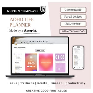 ADHD Notion Life Planner, ADHD Notion Template, Notion Dashboard, ADHD Digital Planner, Habit Tracker, Notion Planner, Focus Planner