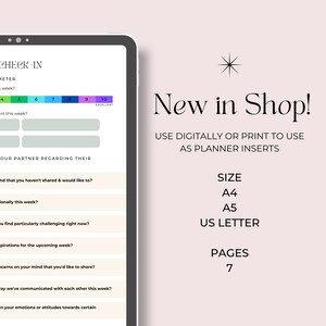 May include: A digital printable planner insert for couples to use as a weekly check-in. The printable is designed to help couples communicate and connect with each other. The printable is available in A4, A5, and US Letter sizes and has 7 pages.