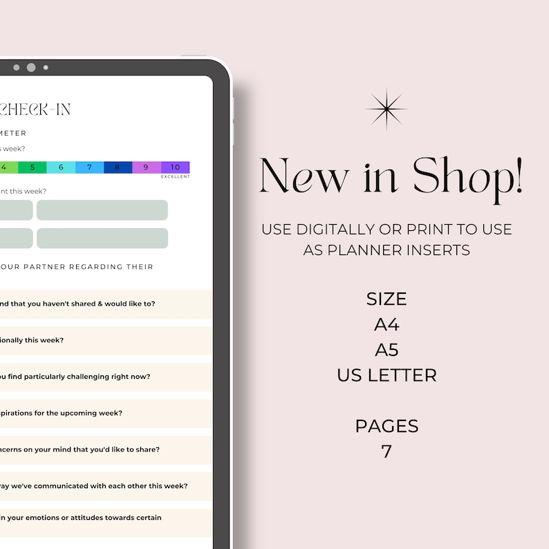 May include: A digital printable planner insert for couples to use as a weekly check-in. The printable is designed to help couples communicate and connect with each other. The printable is available in A4, A5, and US Letter sizes and has 7 pages.