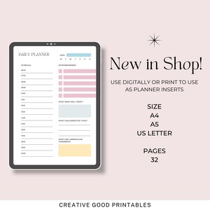 May include: Digital daily planner displayed on a tablet, featuring a schedule, notes, and sections for reflection. The image includes the text "New in Shop!" and size options: A4, A5, and US Letter. The planner has 32 pages.
