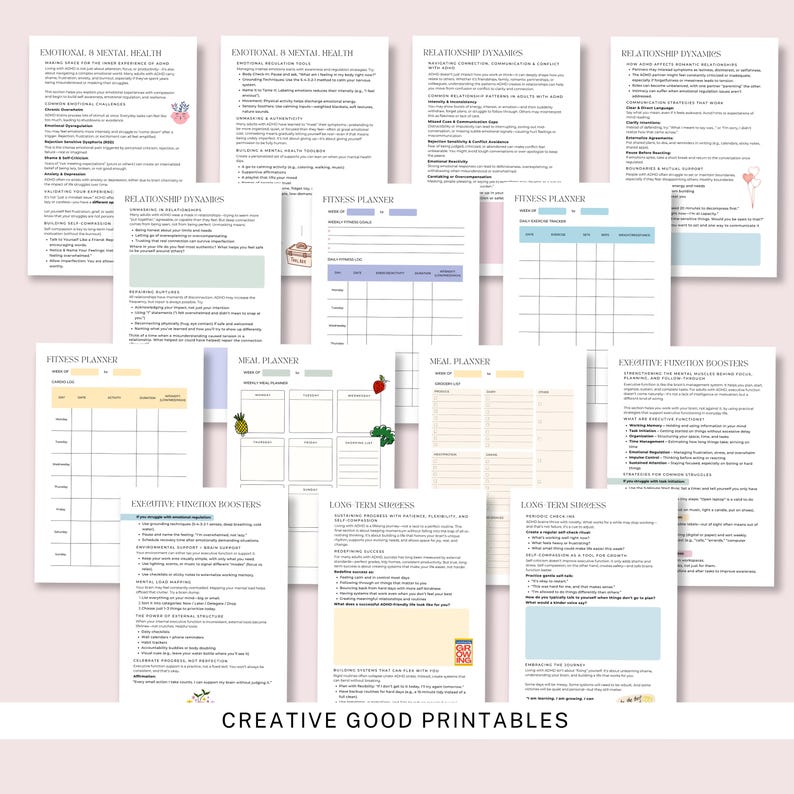 May include: A collection of printable planner pages with headings like "Emotional & Mental Health," "Relationship Dynamics," and "Fitness Planner." The pages feature various layouts, including charts and lists, with decorative elements like small illustrations. The text "CREATIVE GOOD PRINTABLES" is at the bottom.