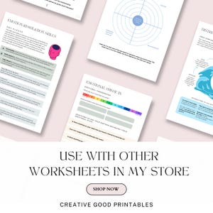 May include: A collection of printable worksheets with text and graphics, including an emotion regulation skills guide, an emotional check-in, and a relationship assessment. The image also includes the text "Use with other worksheets in my store."