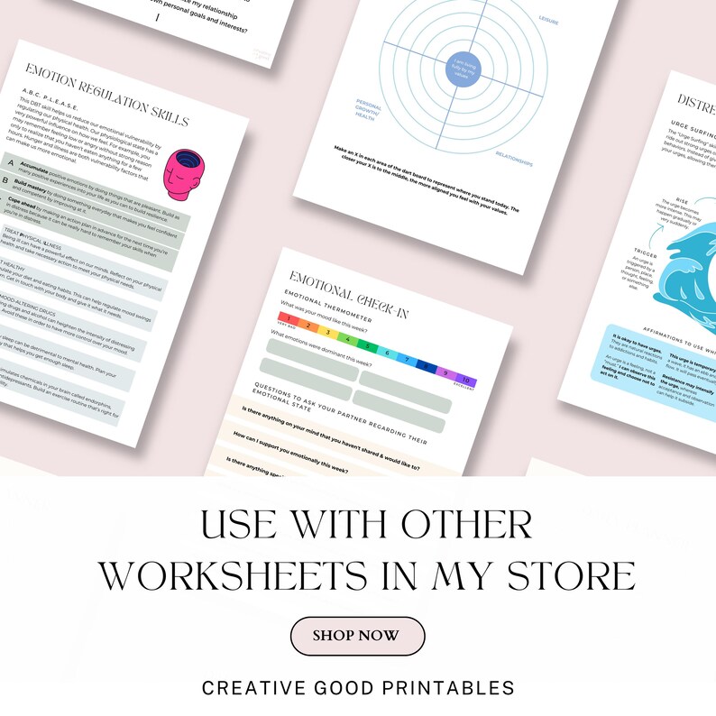 May include: A collection of printable worksheets with text and graphics, including an emotion regulation skills guide, an emotional check-in, and a relationship assessment. The image also includes the text "Use with other worksheets in my store."