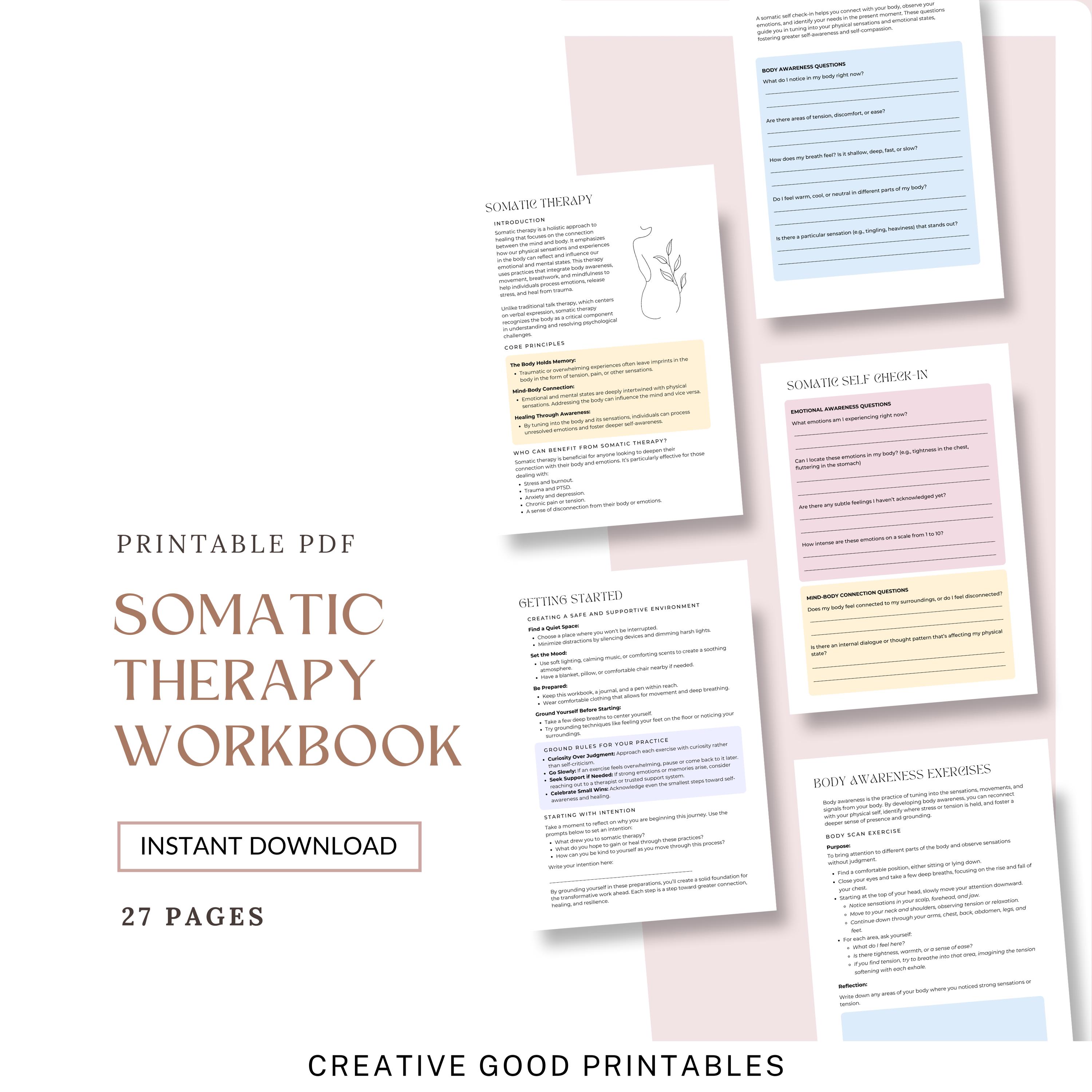 Somatic Therapy Workbook, Somatic Healing, Trauma Therapy, PTSD, Polyvagal Theory, Nervous System, Window of Tolerance, Somatic Exercise
