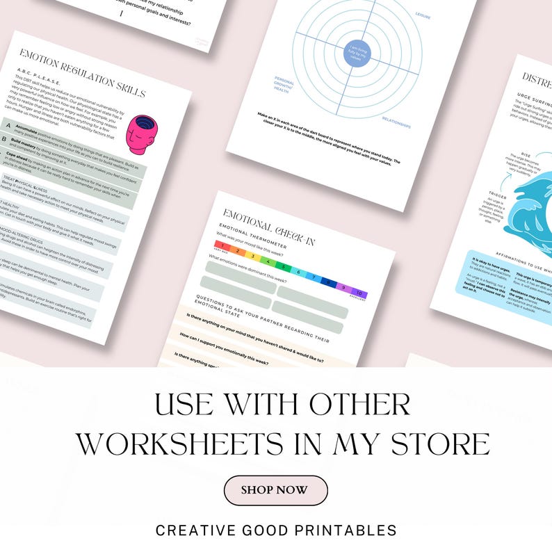 May include: A set of printable worksheets for emotional regulation skills. The worksheets include a color wheel, a thermometer, and a diagram of a wave. The text on the worksheets includes "Emotion Regulation Skills", "ABC-PLACE", "Emotional Check-In", "Emotional Thermometer", "Questions to Ask Your Partner Regarding Their Emotional State", and "Distress Tolerance".