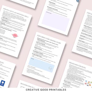 May include: A set of printable worksheets with pink and white backgrounds. The worksheets are titled "Building Safety and Grounding Skills", "Exploring Your Trauma Story", "Reconnecting With", "Processing Emotions", and "Creative Good Printables".