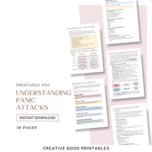 以下が含まれることがあります： ピンクの背景に「パニック発作の理解」というタイトルの印刷可能なPDFガイド。このガイドには、パニック発作、トリガーの特定、対処法に関する情報が含まれています。これは、インスタントダウンロードオプションを備えた16ページのガイドです。