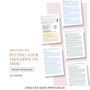 Op de afbeelding: Printbare PDF-werkblad met de titel "Je gedachten voor de rechtbank brengen" met vijf pagina's vol vragen en prompts om je te helpen negatieve gedachten uit te dagen. Het werkblad bevat een illustratie van een weegschaal van de rechtvaardigheid en een cartoonrechter.