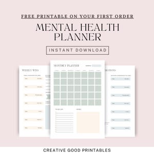 May include: Printable mental health planner with three pages: weekly wins, monthly planner, and emotions. The planner has a light gray and white color scheme with a minimalist design.