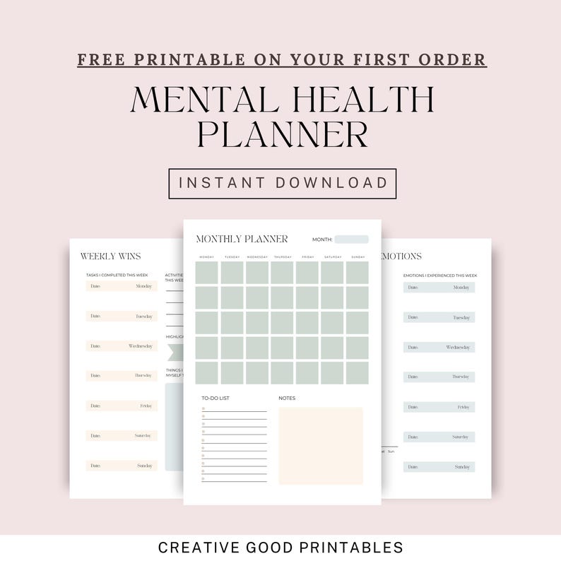May include: Printable mental health planner with three pages: weekly wins, monthly planner, and emotions. The planner has a light gray and white color scheme with a minimalist design.