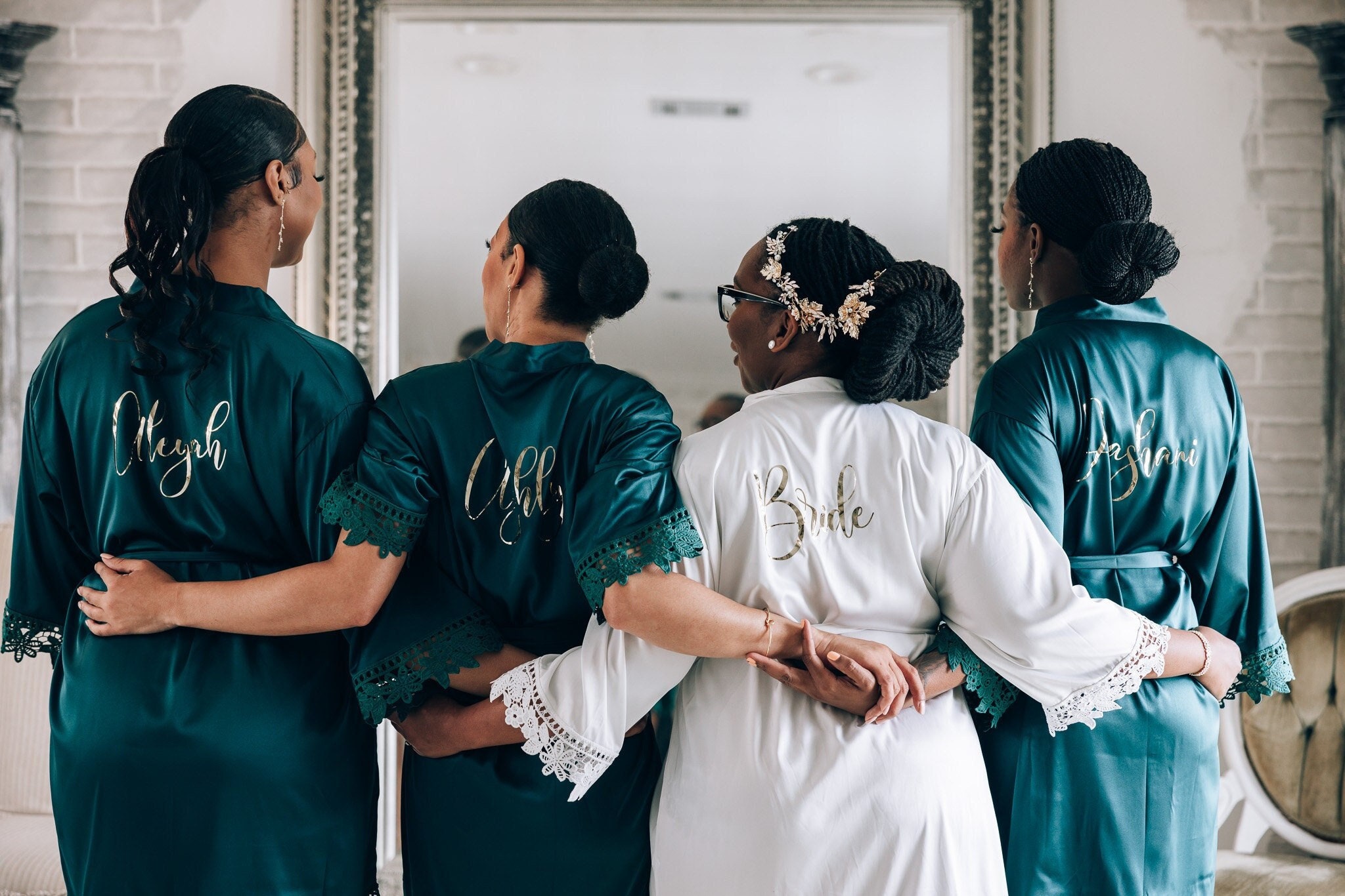 Bridesmaid Robes - Emerald Gold Personalization - Wedding Gifts for Bride and Bridesmaids - Personalized Satin Lace Kimono {SL}