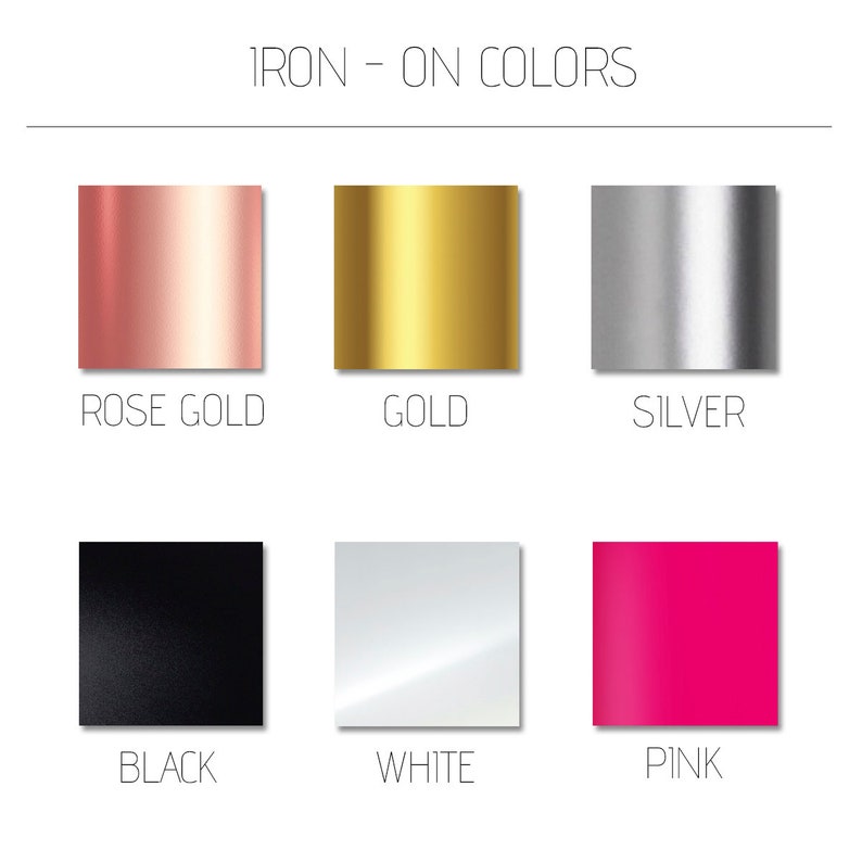 Pu&ograve; includere: Sei campioni di colore che mostrano diversi colori di trasferimento a caldo: oro rosa, oro, argento, nero, bianco e rosa.