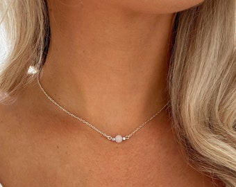 Silver Rose Quartz necklace, Rose Quartz bead necklace, Adjustable Rose quartz choker with crystal properties on a gift card.