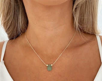 Gold Aventurine necklace, Aventurine Teardrop necklace, Adjustable Aventurine necklace with crystal properties on a gift card