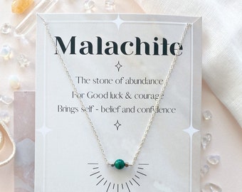 Silver Malachite Necklace, Malachite bead necklace, 3 bead gemstone choker, Adjustable Malachite necklace, crystal properties on a gift card