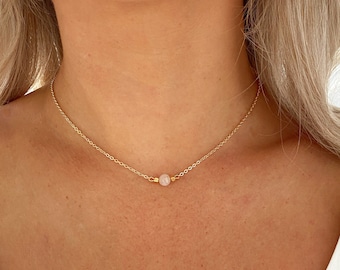Gold Rose Quartz necklace, Rose Quartz bead necklace, Adjustable Rose quartz choker with crystal properties on a gift card.