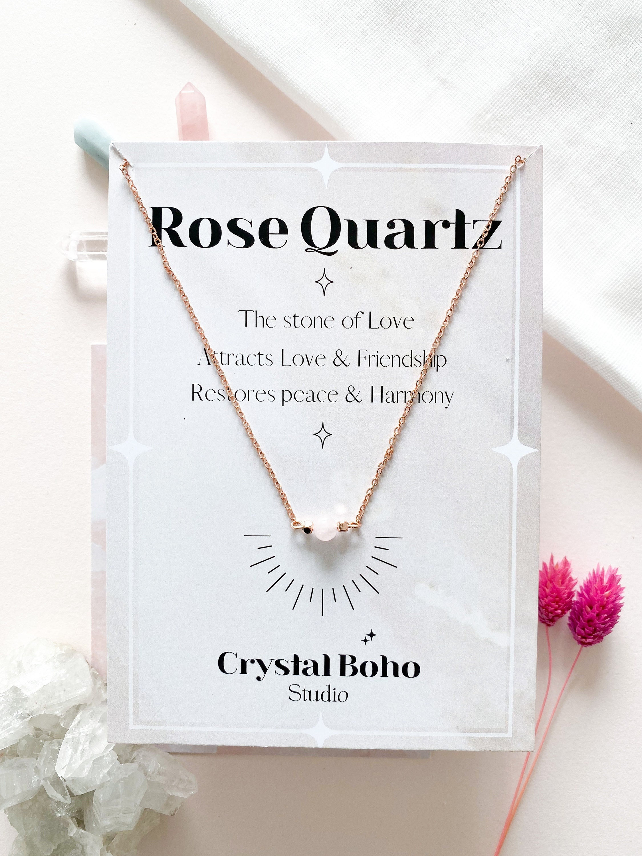 Rose Gold  Rose Quartz necklace, Rose Quartz bead necklace, Adjustable Rose quartz choker with crystal properties on a gift card