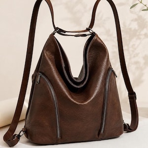 Mochila Hobo Conversível em Couro PU para Mulheres, Bolsa de Ombro Grande e Despojada, Mochila com Zíper, Bolsa de Viagem, Alça Ajustável
